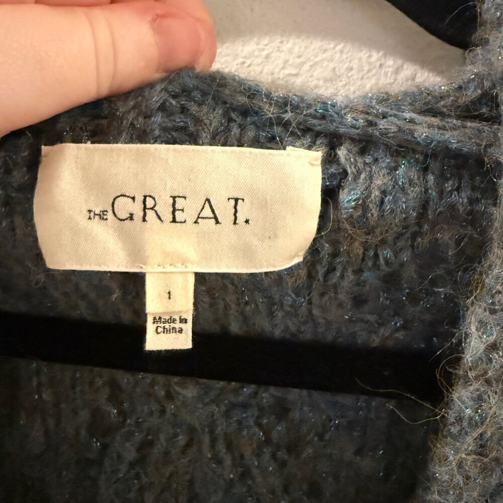 THE GREAT. Chunky Blue-Grey Cable Knit Cardigan - Picture 3 of 4